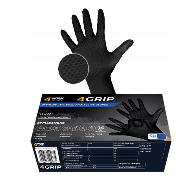 Rękawice nitrylowe teksturowane czarne diamentowa struktura GRIP GO 4WRK