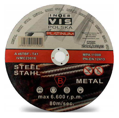 Tarcza do cięcia metalu i stali nierdzewnej 230x1,6x22,2 mm INTER-VIS