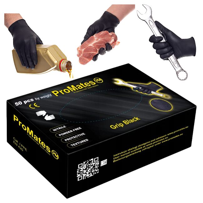 Rękawiczki Nitrylowe Czarne Rękawice warsztatowe dla mechanika diamenciki GoGrip promates 50 sztuk