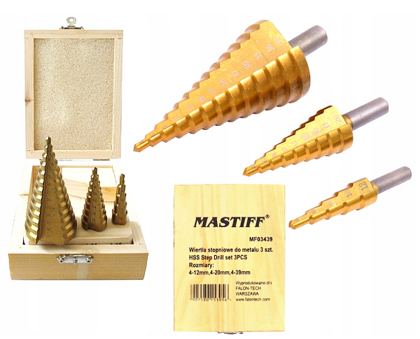 Wiertła stopniowe choinkowe stożkowe HSS Tytan 4-39mm Mastiff