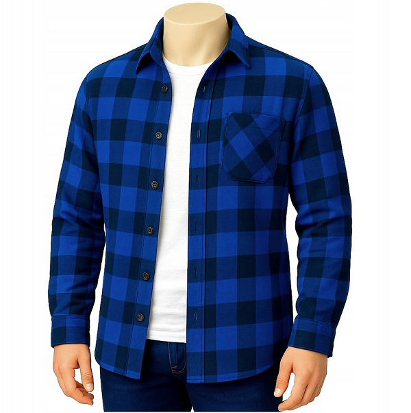 Koszula flanelowa robocza męska ciepła bawełniana 100% bawełna w niebiesko-czarną kratę BHP