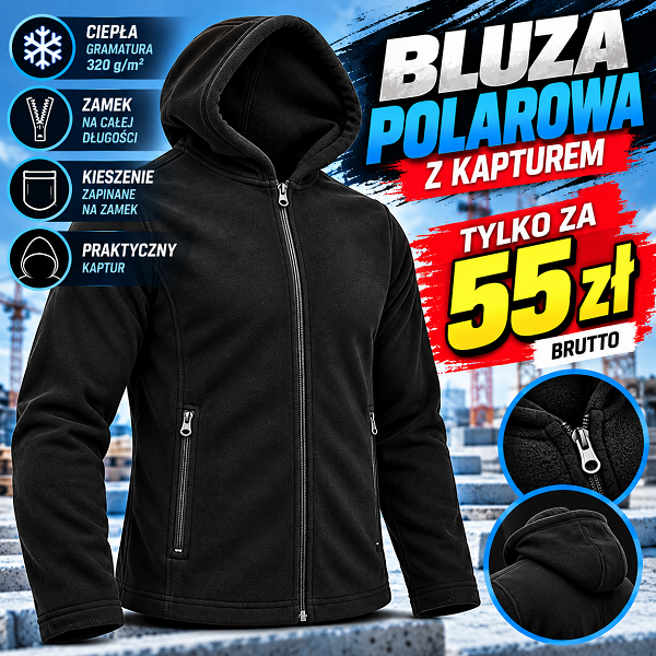 Polar męski roboczy z kapturem 320 g/m² – bluza polarowa czarna rozpinana ocieplana Tanger